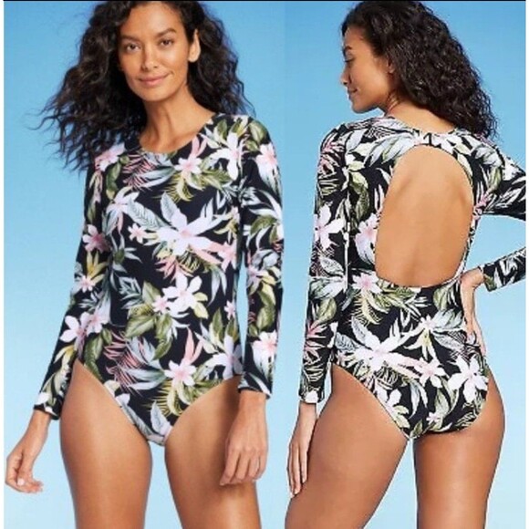 NWT Kona Sol Long Sleeve Black Floral Print One Piece Swimsuit - Picture 1 of 1